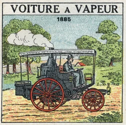 Mechanischer Antrieb: Dampfwagen des Marquis Albert de Dion (1856-1946) im Jahr 1885. Anonyme Illustration von 1925. Private Sammlung.