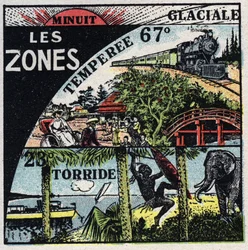 Meteorologie: Verteilung der Wärme auf der Erde und verschiedene Klimazonen (heiß, gemäßigt, polar). Anonyme Illustration von 1925. Private Sammlung.