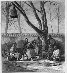 Missionar lehrt katholische Doktrin in der Provinz Henan, China. Gravur in „Les Missions Catholiques au XIXeme Siecle“ von Louis-Eugene Louvet. Private Sammlung