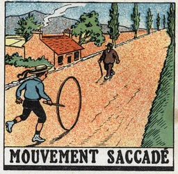 Bewegungen: ruckartige Bewegung. Ein Kind spielt mit einem Reifen. Anonyme Illustration von 1925. Private Sammlung.