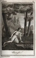 Narziss betrachtet sein Spiegelbild (Narciso) Gravur von 1819 in „Lettres à Emilie sur la mythologie“ von Charles Albert Demoustier (1760-1801). Private Sammlung.