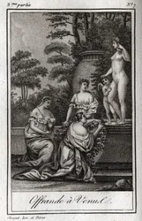 Opfergabe an Venus. Kleine Liebesgötter (Engel) versammeln sich, um der Göttin Aphrodite zu huldigen. Gravur von 1819 in „Lettres à Emilie sur la mythologie“ von Charles Albert Demoustier (1760-1801). Private Sammlung.