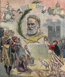 Eine Ausgabe von „Le petit journal“ zu Ehren des französischen Dichters und Schriftstellers Victor Hugo (1802-1885) zum hundertsten Geburtstag. Die Charaktere seiner Romane sind dargestellt (Esmeralda, Quasimodo, Cosette). 02/03/1902 Private Sammlung