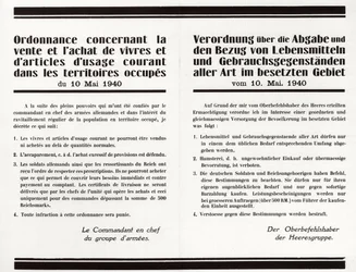 „Verordnung über den Verkauf und Kauf von Lebensmitteln und Gebrauchsgegenständen in den besetzten Gebieten“ - Französisch-Deutsches zweisprachiges Plakat