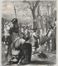 Otto I., Heiliger Römischer Kaiser empfängt die Kommunion vor der Schlacht auf dem Lechfeld (955) - Gravur von 1864