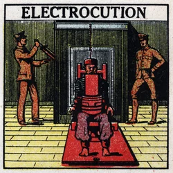 Physiologische Effekte der Elektrizität: Hinrichtung durch den elektrischen Stuhl in einem Gefängnis in den Vereinigten Staaten. Anonyme Illustration von 1925. Private Sammlung.