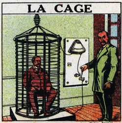 Physiologische Effekte der Elektrizität: der Käfig. Pflege eines Patienten durch das Umleiten von Elektrizität um ihn herum, ohne ihn zu berühren, auch als "Selbstleitungs"-Methode bezeichnet. Anonyme Illustration von 1925. Private Sammlung.