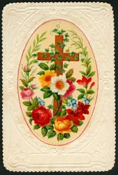 Andachtsbild: Kreuz mit Blumen (Chromolithographie)