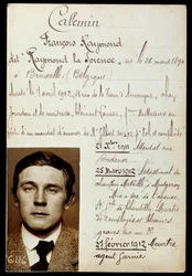 Polizeiblatt von Raymond Callemin, genannt Raymond la Science (1890-1913), Komplize von Jules Bonnot (Bande à Bonnot) mit der Liste seiner Verbrechen