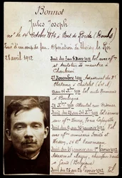 Polizeiblatt des Kriminellen Jules Bonnot (1876-1912) (Bonnot-Bande) mit Liste der Verbrechen