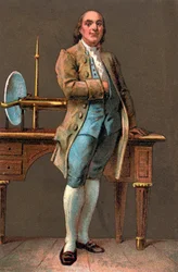 Porträt von Benjamin Franklin (1706-1790), amerikanischer Drucker, Verleger, Wissenschaftler, Erfinder, Staatsmann und Diplomat. Chromolithographie. Private Sammlung