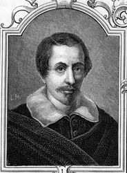 Porträt von Daniele Crespi (1598-1630), italienischer Maler. Gravur von 1859 in „Die Galerien Europas - Italien“ von Armandaud. Private Sammlung.