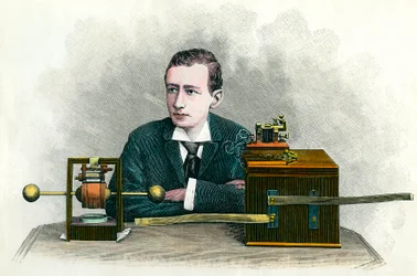 Porträt von Guglielmo Marconi (1874-1937), italienischer Physiker und Erfinder des Telegrafen. Stich um 1900, Privatsammlung