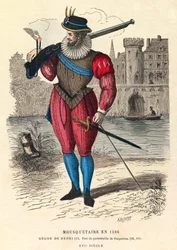 Porträt eines Musketiers im Jahr 1586 in Paris (unter der Herrschaft von König Heinrich III.), Gravur, Private Sammlung