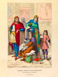 Porträt einer Adelsfamilie mit ihrem Architekten im 7. Jahrhundert (Gravur)