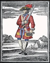 Porträt des Piraten Jack Rackham, genannt der Rote oder John Rackham, besser bekannt als Calico Jack. Gravur.