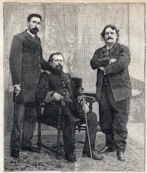 Porträt der drei „Akademiker“: Marius Tournade, Achille Le Roy und Maxime Lisbon (1839-1905), die die französische Akademie lächerlich machen wollten. Gravur in "Le Petit Parisien" am 4.06.1893.