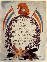 Plakat der Französischen Revolution: „Einheit und Unteilbarkeit der Republik, Freiheit, Gleichheit, Brüderlichkeit oder der Tod“