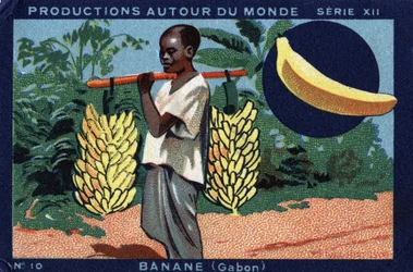 Produktionen rund um die Welt: Banane in Gabun. Chromolithographie von 1933 im „Joseph-Milliat Album“.