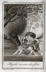Psyche in den Wellen. Gravur von 1819 in „Lettres à Emilie sur la mythologie“ von Charles Albert Demoustier (1760-1801). Private Sammlung
