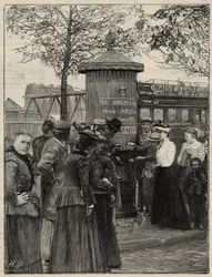 Öffentliche Hygiene: Einwohner von Paris nutzen einen der gefilterten Trinkbrunnen im 15. Arrondissement. Diese Brunnen haben einen Chamberland-Pasteur-Filter. Gravur in „Le monde illustré“ von 1892. Private Sammlung.