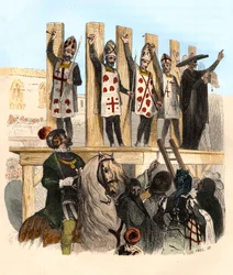 Bestrafung des Nagels im 16. Jahrhundert. Illustration in „Mysteres of the Inquisition and Other Secretive Societies of Spain“ von Victor de Fereal, Suberwick, Manuel Galo de Cuendias