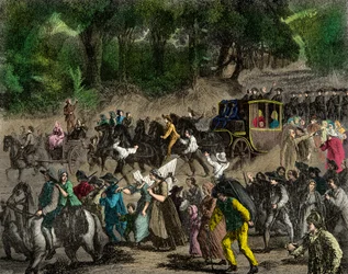 Rückkehr der königlichen Familie nach Paris nach ihrer Flucht nach Varennes im Jahr 1791. Gravur. Private Sammlung