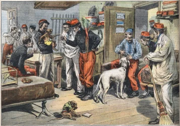 Rückkehr der französischen Soldaten aus Afrika, die nach Tunesien geschickt wurden. Gravur aus der Zeitung „Le Petite Parisien“, 7/06/1908. Private Sammlung.