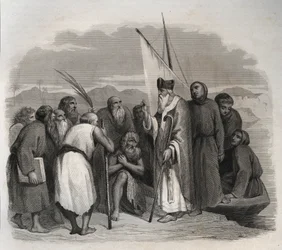 Saint Athanasius von Alexandria (Athanasius der Große) (295-373) besucht die Einsiedler Ägyptens. Gravur von 1846 in „Lives of the saints“. Private Sammlung.