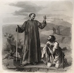 Der heilige Benedikt von Nursia empfängt Totila (6. Jahrhundert), König der Ostgoten. Gravur von 1846 in „Lives of the saints“. Private Sammlung