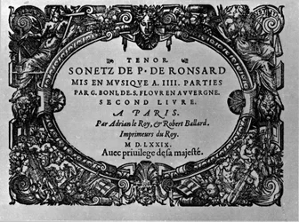 Zweiter Band der Sonette des französischen Dichters Pierre de Ronsard (1524-1585), vertont von Guillaume Boni. Paris 1579