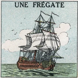 Schiffe und Schiffe: eine Fregatte. Anonyme Illustration von 1925. Private Sammlung.