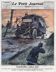 Schmuggler an Bord eines gepanzerten Autos, beladen mit Tabakpaketen, überquerten gewaltsam die belgische Grenze und wurden von Zollbeamten neutralisiert. Illustration aus „Le petit journal illustrious“ vom 22.05.1921. Private Sammlung