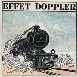 Schallenergie: Doppler-Effekt, hervorgehoben 1842 von Christian Andreas Doppler (1803-1853). Die Pfeife einer Lokomotive hat einen scharfen Klang, wenn sie ankommt, und wird tief, wenn sie sich entfernt. Anonyme Illustration von 1925. Privatsammlung.