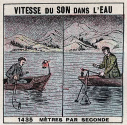 Schallenergie: Schallgeschwindigkeit im Wasser. Experiment von 1826-1827 von Jean Daniel (Jean-Daniel) Colladon (1802-1893) und Charles François Sturm (1803-1855) auf dem Genfersee (Lac Léman). Zwei Boote lagen in einem Abstand von 14 km vor Anker; eines