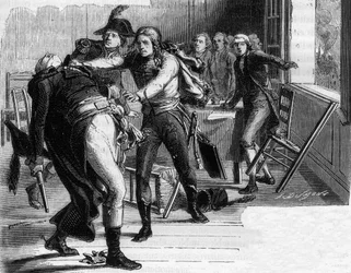 Suizid von Nicolas Joseph (Nicolas-Joseph) Beaurepaire (1792) nach der Entscheidung, Verdun an die Preußen zurückzugeben - Stich in „Geschichte der Girondisten“ von Alphonse de Lamartine (1790-1869), 1865-1866 - Privatsammlung