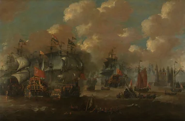 Die Schlacht im Sund mit der Eendracht im Kampf gegen zwei schwedische Kriegsschiffe
