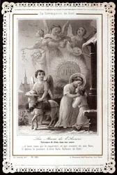 Die Weihnachtskommunion. Die Messe der Morgendämmerung. Geburt Jesu in unseren Herzen. Frommes Bild. Gezackte Postkarte. Privatsammlung