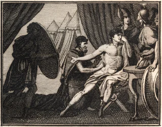 Der Tod von Epaminondas (nach der Schlacht gegen die Spartaner bei Mantineia 362 v. Chr.). Gravur aus „The Rollin of Youth or Selected Pieces of Ancient and Roman Stories“ 1816. Private Sammlung