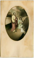 Die Eucharistie, Heilige Kommunion, das Sakrament des Altars: ein Kind vor Jesus (Gravur)
