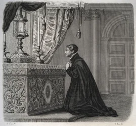 Der italienische Jesuit Louis de Gonzague (San Luigi Gonzaga) (1568-1591) im Gebet. Gravur von 1846 in „Lives of the saints“. Private Sammlung