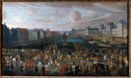 Der Pont Neuf, gesehen vom Eingang zur Place Dauphine, der Quai Malaquais mit dem im Bau befindlichen Collège des Quatre-Nations (Institut de France), die Grande Galerie und der Louvre beim Vorüberziehen eines Festzuges. Anonymes Gemälde. 1665. Maße: 0,74