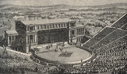 Das Dionysostheater, die Akropolis, Athen, Griechenland - Rekonstruktion des Dionysostheaters aus dem Jahr 1890 - in Athen, antikes Griechenland - Stich 1890