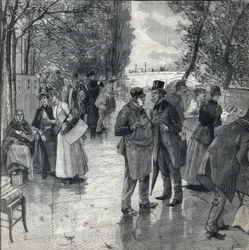 Der Buchhändler-Spaziergang an den Ufern der Quais in Paris. Gravur in Le Petit Parisien am 30.10.1892. Private Sammlung