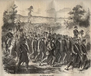 Die Kette begann im Toulon Bagne im 19. Jahrhundert. Gravur in „Histoire des bagnes depuis leur création à nos jours“ (1877) von Pierre Zaccone. Private Sammlung.