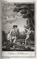 Die Kindheit der Liebe. Gravur von 1819 in „Lettres à Emilie sur la mythologie“ von Charles Albert Demoustier (1760-1801). Private Sammlung.
