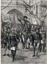 Der Zug der Zünfte im 14. Jahrhundert: Der Prévôt der Kaufleute von Paris. Gravur. In „The Little Parisien“, am 18.06.1899. Private Sammlung.