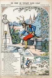 Der Hirsch sieht sich im Wasser. Anonyme Illustration für Les Fables von Jean de La Fontaine (1621-1695). Bilddruck von Pont-à-Mousson, ca. 1880. Private Sammlung.