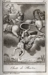 Der Sturz des Phaeton (Phaethon), unfähig, den Wagen des Helios zu kontrollieren, wurde von Zeus getroffen und fiel in den Eridanus-Fluss. Gravur von 1819 in „Lettres à Emilie sur la mythologie“ von Charles Albert Demoustier (1760-1801). Private Sammlung