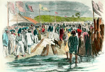 Der erste Spatenstich bei der Einweihung der Bohrarbeiten am Suezkanal am 25. April 1859. Die Baustelle in Ägypten, die das Rote Meer mit dem Mittelmeer verbinden sollte, dauerte bis 1869. Gravur des 19. Jahrhunderts. Private Sammlung